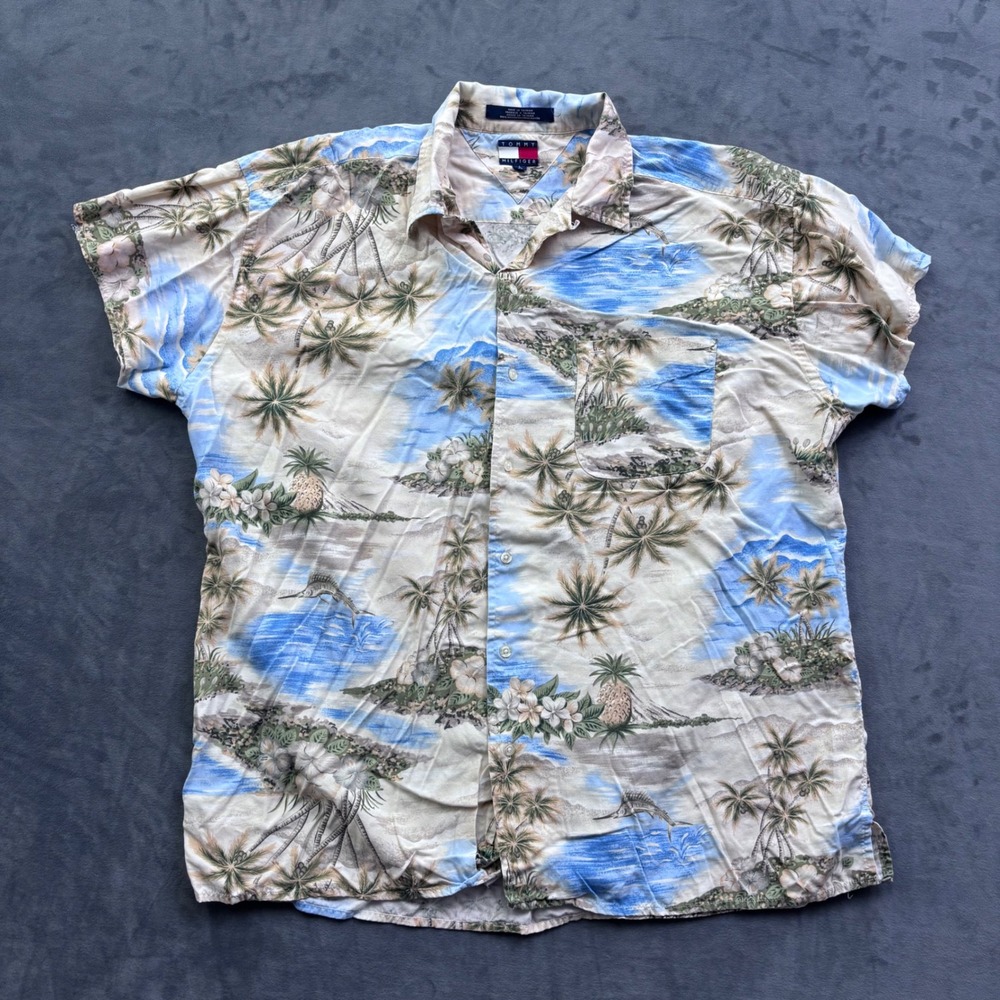 Tommy Hilfiger Vintage Tropical Palm Rayon Button Down Shirt Mens Large Blue